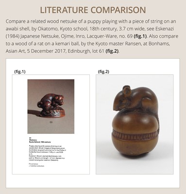 A FINE KYOTO SCHOOL WOOD NETSUKE OF A PUPPY BALANCING ON A KEMARI BALL, ATTRIBUTED TO OKATOMO