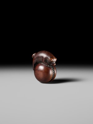 A FINE KYOTO SCHOOL WOOD NETSUKE OF A PUPPY BALANCING ON A KEMARI BALL, ATTRIBUTED TO OKATOMO