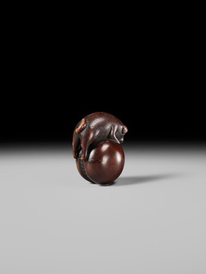 A FINE KYOTO SCHOOL WOOD NETSUKE OF A PUPPY BALANCING ON A KEMARI BALL, ATTRIBUTED TO OKATOMO