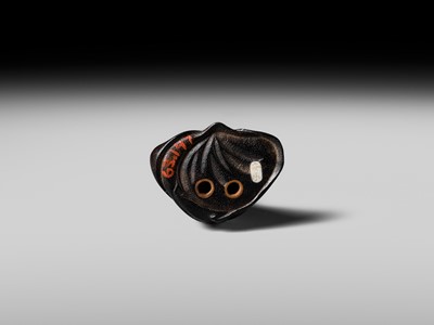 Lot 170 - ANRAKU: A FINE AND HUMOROUS WOOD NETSUKE OF TANUKI DISGUISED AS A PRIEST