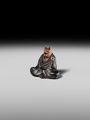Lot 170 - ANRAKU: A FINE AND HUMOROUS WOOD NETSUKE OF TANUKI DISGUISED AS A PRIEST