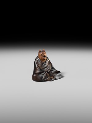 Lot 170 - ANRAKU: A FINE AND HUMOROUS WOOD NETSUKE OF TANUKI DISGUISED AS A PRIEST