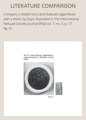 Lot 476 - SOYO: A FINE YOKOYA SCHOOL ANTLER AND SHIBUICHI KAGAMIBUTA WITH A SHISHI