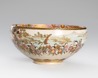 Lot 199 - OGURUSU: A FINE SATSUMA PORCELAIN BOWL WITH A DAYMIO PROCESSION AND CHRYSANTHEMUMS