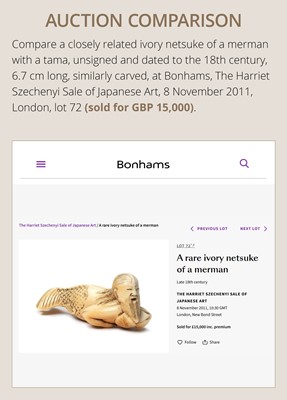 Lot 114 - A FINE IVORY NETSUKE OF A SWIMMING NINGYO (MERMAID)
