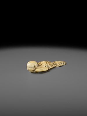 Lot 114 - A FINE IVORY NETSUKE OF A SWIMMING NINGYO (MERMAID)