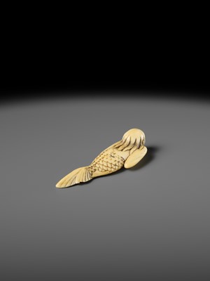 Lot 114 - A FINE IVORY NETSUKE OF A SWIMMING NINGYO (MERMAID)
