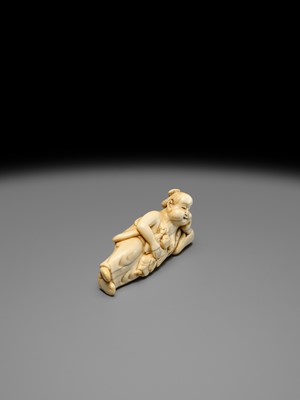Lot 103 - AN EARLY IVORY NETSUKE OF OKAME WITH CHILD