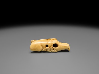 Lot 103 - AN EARLY IVORY NETSUKE OF OKAME WITH CHILD