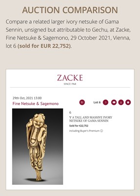 Lot 112 - A FINE IVORY NETSUKE OF GAMA SENNIN WITH TWO TOADS