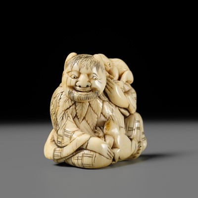 Lot 112 - A FINE IVORY NETSUKE OF GAMA SENNIN WITH TWO TOADS
