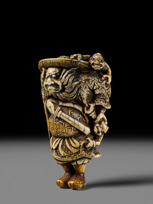 Lot 127 - A POWERFUL KYOTO SCHOOL IVORY NETSUKE OF SHOKI AND ONI