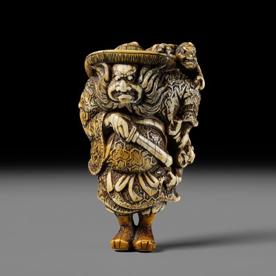 Lot 127 - A POWERFUL KYOTO SCHOOL IVORY NETSUKE OF SHOKI AND ONI