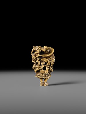 Lot 127 - A POWERFUL KYOTO SCHOOL IVORY NETSUKE OF SHOKI AND ONI
