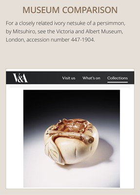 UNSHO HAKURYU: A FINE IVORY NETSUKE OF A PERSIMMON WITH INLAID SNAIL
