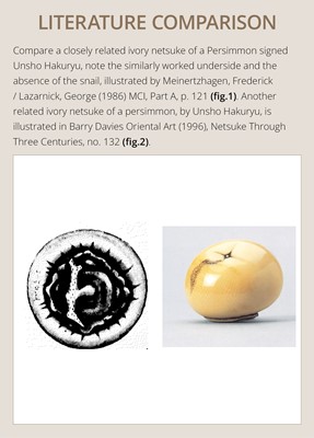 UNSHO HAKURYU: A FINE IVORY NETSUKE OF A PERSIMMON WITH INLAID SNAIL