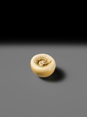 UNSHO HAKURYU: A FINE IVORY NETSUKE OF A PERSIMMON WITH INLAID SNAIL