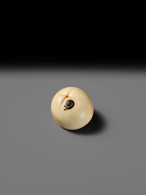 UNSHO HAKURYU: A FINE IVORY NETSUKE OF A PERSIMMON WITH INLAID SNAIL