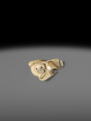 HIDEMASA: AN IVORY NETSUKE OF A FUKURA SUZUME WITH MILLET