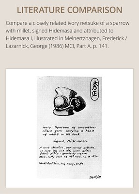 HIDEMASA: AN IVORY NETSUKE OF A FUKURA SUZUME WITH MILLET