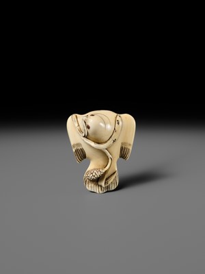 HIDEMASA: AN IVORY NETSUKE OF A FUKURA SUZUME WITH MILLET
