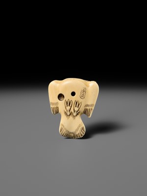 HIDEMASA: AN IVORY NETSUKE OF A FUKURA SUZUME WITH MILLET