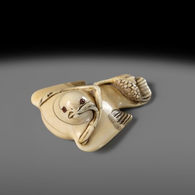 HIDEMASA: AN IVORY NETSUKE OF A FUKURA SUZUME WITH MILLET
