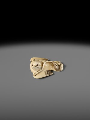 HIDEMASA: AN IVORY NETSUKE OF A FUKURA SUZUME WITH MILLET