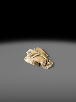 HIDEMASA: AN IVORY NETSUKE OF A FUKURA SUZUME WITH MILLET