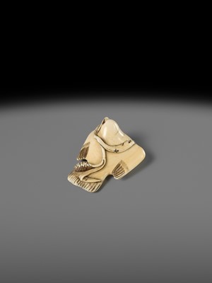 HIDEMASA: AN IVORY NETSUKE OF A FUKURA SUZUME WITH MILLET