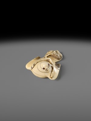 HIDEMASA: AN IVORY NETSUKE OF A FUKURA SUZUME WITH MILLET