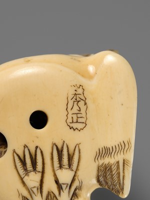 HIDEMASA: AN IVORY NETSUKE OF A FUKURA SUZUME WITH MILLET