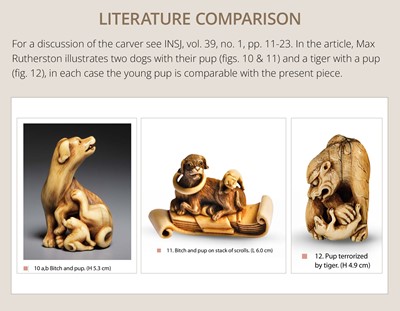 MITSUHARU: AN IVORY NETSUKE OF A DOG ON A CUSHION