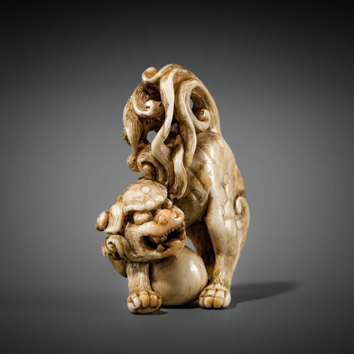 Lot 332 - A RARE IVORY NETSUKE OF A SHISHI WITH A BALL
