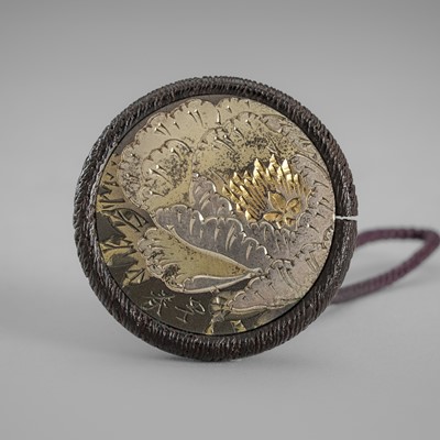 Lot 1711 - MITSUHARU: A WOOD AND SHIBUICHI KAGAMIBUTA NETSUKE WITH PEONY BLOSSOMS
