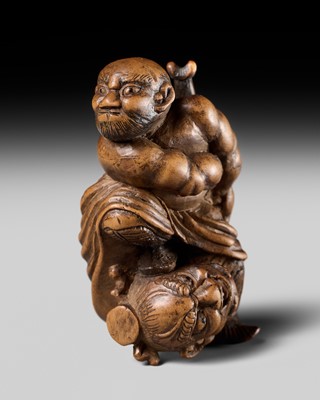 Lot 133 - A RARE WOOD NETSUKE OF ROCHISHIN