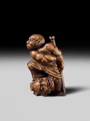 Lot 133 - A RARE WOOD NETSUKE OF ROCHISHIN