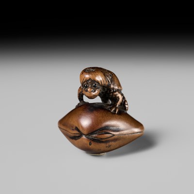 Lot 402 - SUKETADA: A FINE WOOD NETSUKE OF A KAPPA ON HAMAGURI CLAM