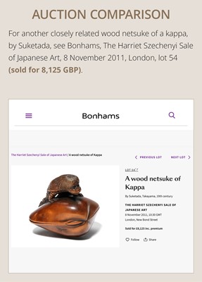 Lot 402 - SUKETADA: A FINE WOOD NETSUKE OF A KAPPA ON HAMAGURI CLAM