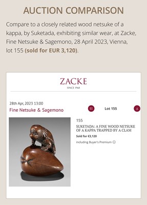 Lot 402 - SUKETADA: A FINE WOOD NETSUKE OF A KAPPA ON HAMAGURI CLAM