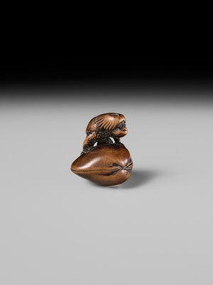 Lot 402 - SUKETADA: A FINE WOOD NETSUKE OF A KAPPA ON HAMAGURI CLAM
