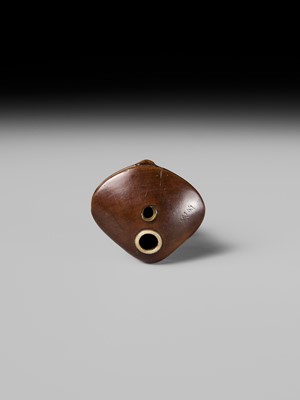 Lot 402 - SUKETADA: A FINE WOOD NETSUKE OF A KAPPA ON HAMAGURI CLAM