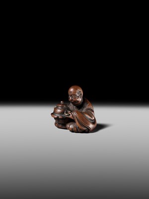 Lot 251 - SHUZAN: A FINE WOOD NETSUKE OF A PRIEST WITH