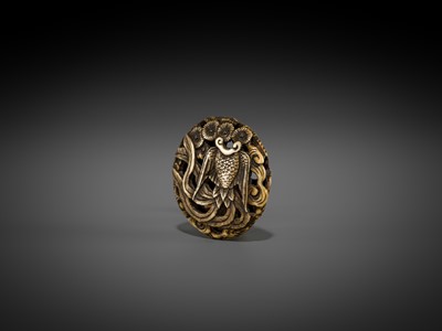 Lot 471 - A FINE ANTLER RYUSA MANJU NETSUKE DEPICTING A HAGOROMO AND PINES