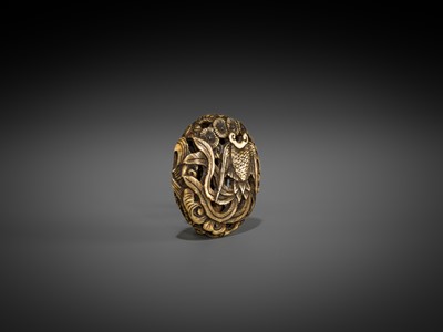 Lot 471 - A FINE ANTLER RYUSA MANJU NETSUKE DEPICTING A HAGOROMO AND PINES