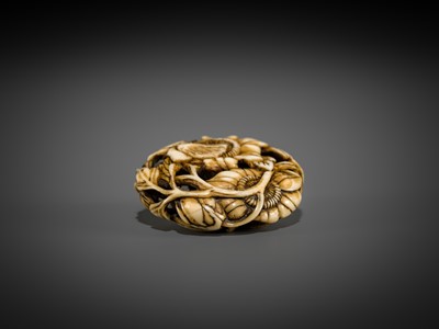 Lot 473 - A FINE WALRUS TUSK RYUSA MANJU NETSUKE OF BUTTERFLIES AND SUNFLOWERS