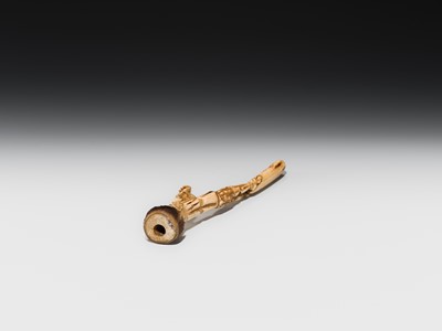 Lot 76 - AN ANTLER KISERUZUTSU (PIPE CASE) OF AN ONI WITH AN OKAME MASK