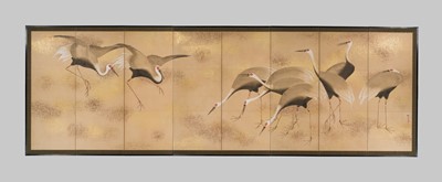 Lot 309 - SAKAI HOITSU: A SUPERB RIMPA SCHOOL EIGHT-PANEL BYOBU (FOLDING SCREEN) DEPICTING A FLOCK OF MANAZURU CRANES