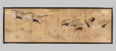 Lot 309 - SAKAI HOITSU: A SUPERB RIMPA SCHOOL EIGHT-PANEL BYOBU (FOLDING SCREEN) DEPICTING A FLOCK OF MANAZURU CRANES