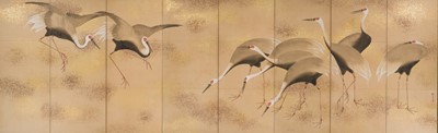 Lot 309 - SAKAI HOITSU: A SUPERB RIMPA SCHOOL EIGHT-PANEL BYOBU (FOLDING SCREEN) DEPICTING A FLOCK OF MANAZURU CRANES